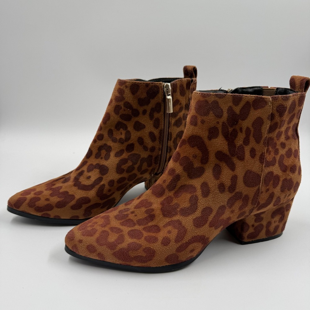 A New Day Leopard Print Ankle Booties Womens 7 Brown Block Heel Zip